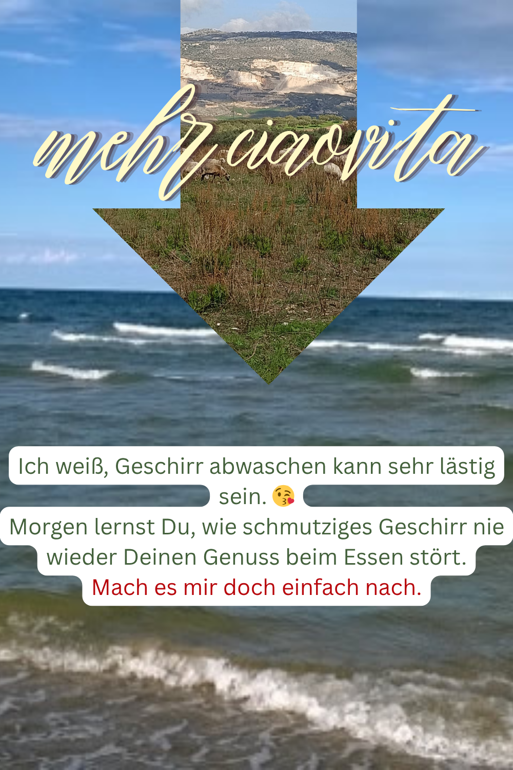 mehr ciaovita
Ich weiß, Geschirr abwaschen kann sehr lästig sein.
Morgen lernst Du, wie schmutziges Geschirr nie wieder Deinen Genuss beim Essen stört.
Mach es mir doch einfach nach.