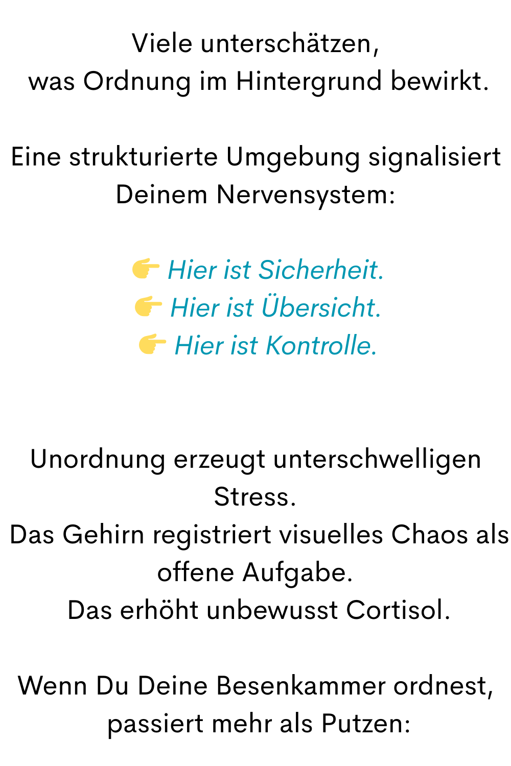 Viele unterschätzen,
 was Ordnung im Hintergrund bewirkt.
Eine strukturierte Umgebung signalisiert Deinem Nervensystem:
  Hier ist Sicherheit.
  Hier ist Übersicht.
  Hier ist Kontrolle.
Unordnung erzeugt unterschwelligen Stress.
 Das Gehirn registriert visuelles Chaos als offene Aufgabe.
 Das erhöht unbewusst Cortisol.
Wenn Du Deine Besenkammer ordnest,
 passiert mehr als Putzen:
