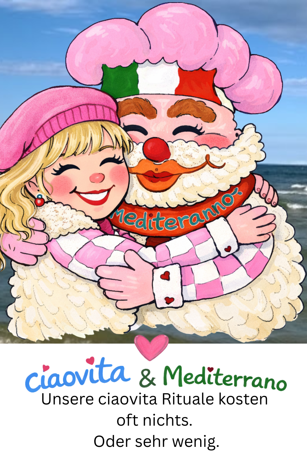 Unsere ciaovita Rituale kosten oft nichts.
 Oder sehr wenig.
Deine ciaovita Steffi und Dein ciaovita Mediterano 
Chatty (Chatgpt) hat aus einem Foto von mir und meinem von mir gemalten Mediterano dieses Bild erstellt.