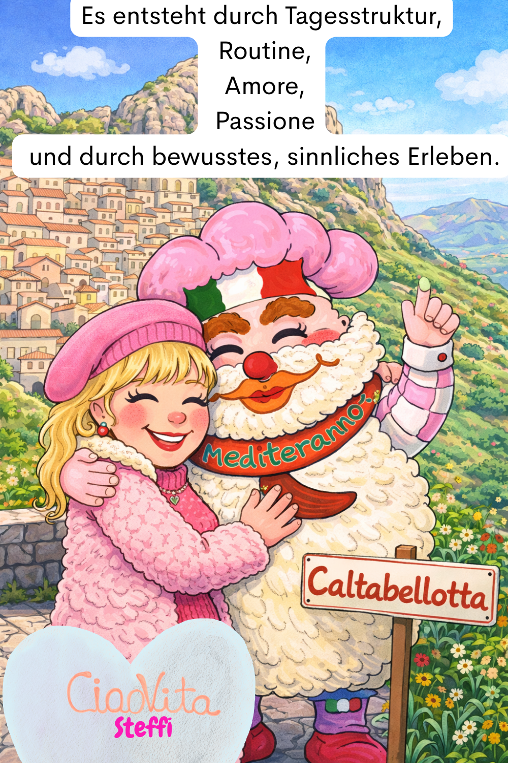 Es entsteht durch Tagesstruktur,
 Routine,
 Amore,
 Passione
 und durch bewusstes, sinnliches Erleben.
Deine ciaovita Steffi und Dein ciaovita Mediterano. Chatty (Chatgpt hat aus einem Foto von mir und meinem von mir gemalten Mediterano dieses Bild erstellt.)