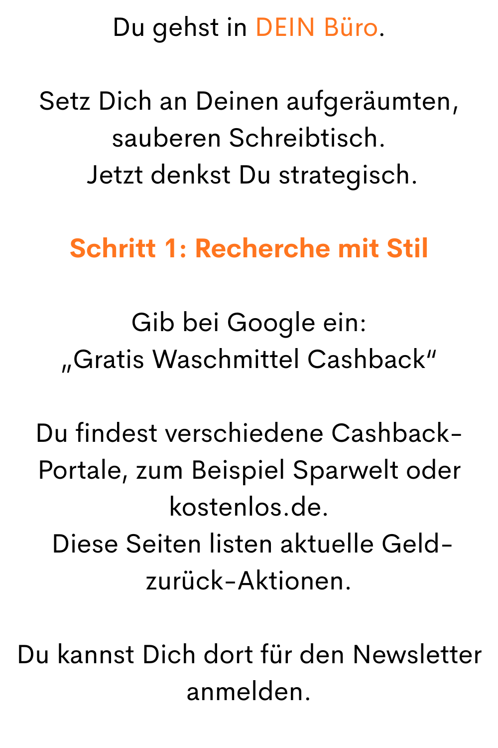 Du gehst in DEIN Büro.
Setz Dich an Deinen aufgeräumten, sauberen Schreibtisch.
 Jetzt denkst Du strategisch.
Schritt 1: Recherche mit Stil
Gib bei Google ein:
„Gratis Waschmittel Cashback“
Du findest verschiedene Cashback-Portale, zum Beispiel Sparwelt oder kostenlos.de.
 Diese Seiten listen aktuelle Geld-zurück-Aktionen.
Du kannst Dich dort für den Newsletter anmelden.
