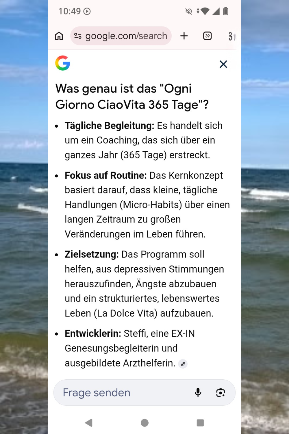 Ich kann es nicht lassen.
Ich bin so stolz auf mein ogni giorno ciaovita Projekt.
Ich habe Google gefragt,
was jeder im ogni giorno ciaovita Jahr alles lernt.
Ich teile die Antwort als Screenshots mit Dir.
Damit Du Dich noch mehr fühlen kannst wie eine ciaovita Studentin.
Denn das hier ist Deine Lebensschule.