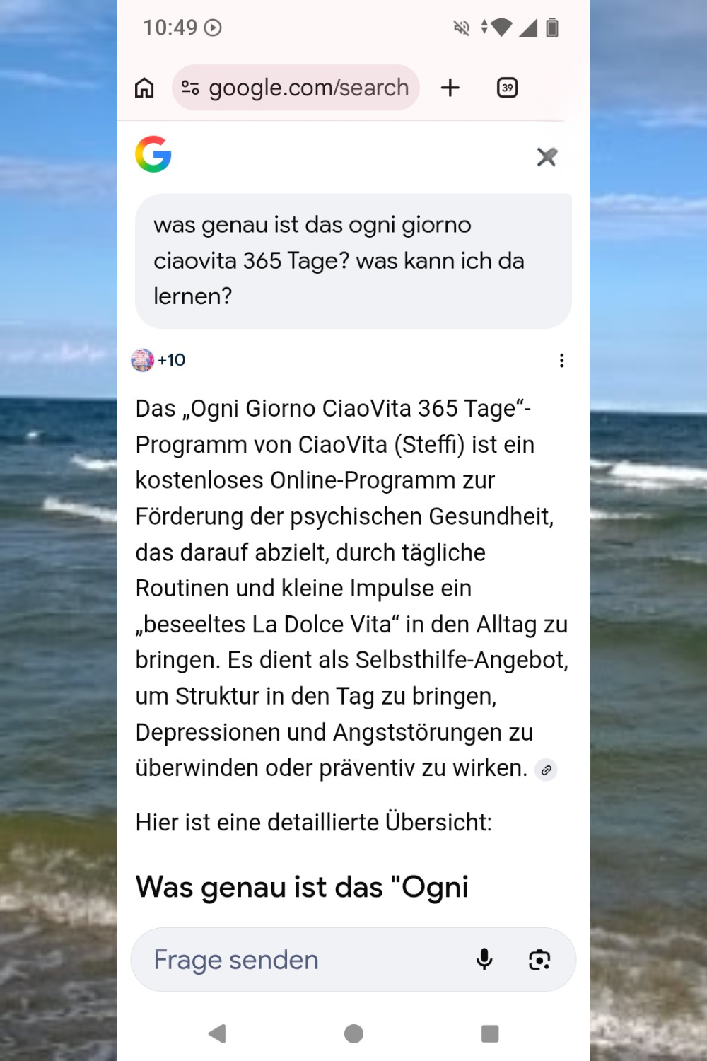Ich kann es nicht lassen.
Ich bin so stolz auf mein ogni giorno ciaovita Projekt.
Ich habe Google gefragt,
was jeder im ogni giorno ciaovita Jahr alles lernt.
Ich teile die Antwort als Screenshots mit Dir.
Damit Du Dich noch mehr fühlen kannst wie eine ciaovita Studentin.
Denn das hier ist Deine Lebensschule.