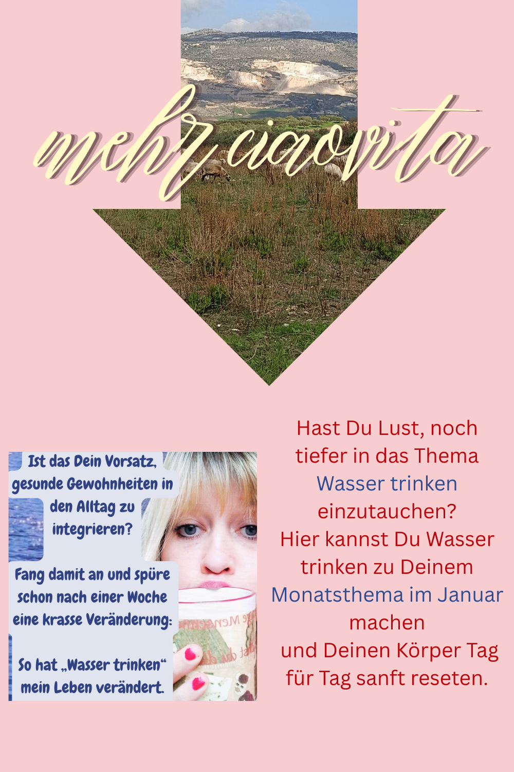 mehr ciaovita
Hast Du Lust, noch tiefer in das Thema Wasser trinken einzutauchen?
Hier kannst Du Wasser trinken zu Deinem Monatsthema im Januar machen
 und Deinen Körper Tag für Tag sanft reseten.