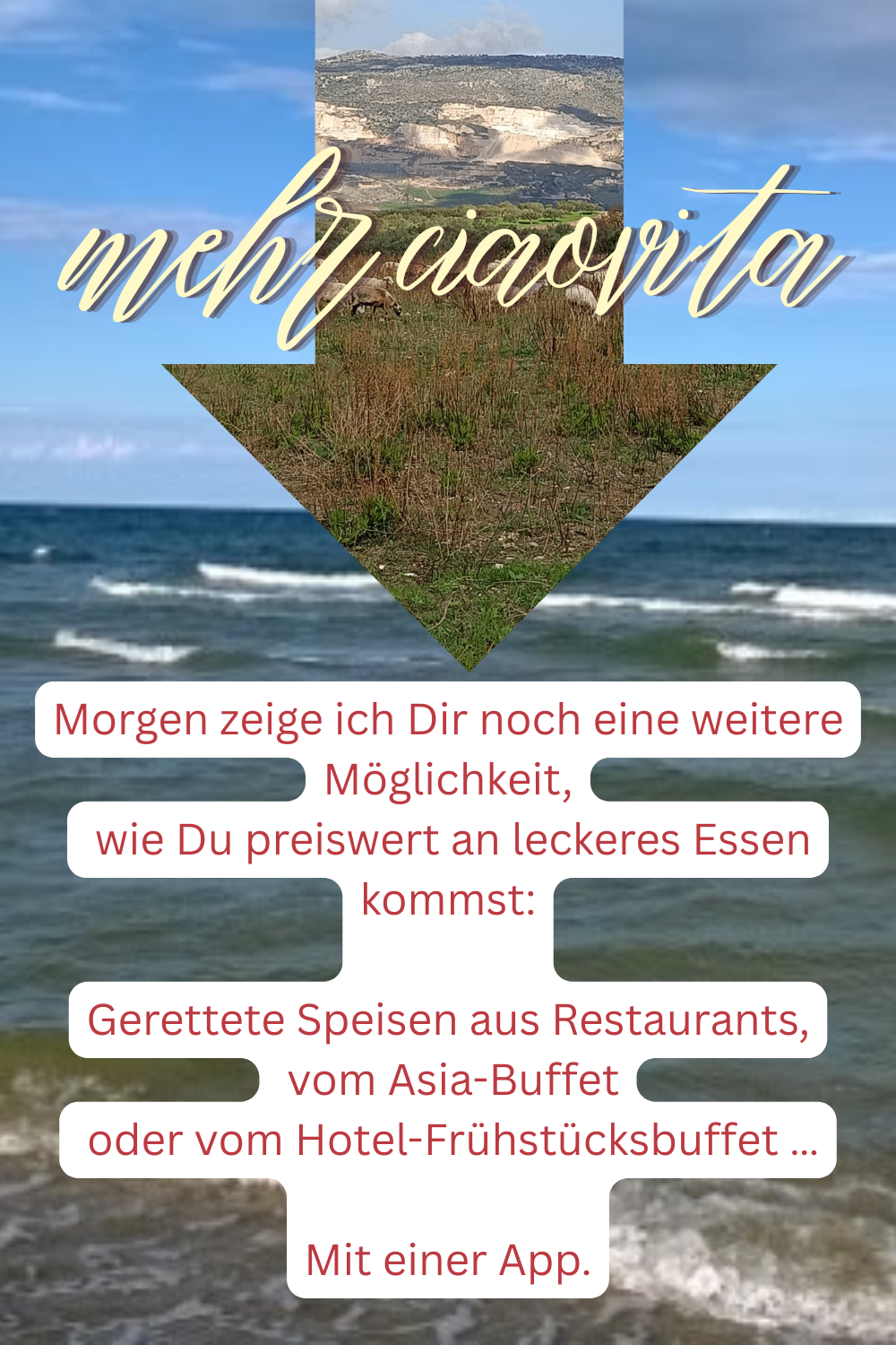 mehr ciaovita
Morgen zeige ich Dir noch eine weitere Möglichkeit,
wie Du preiswert an leckeres Essen kommst:
Gerettete Speisen aus Restaurants,
vom Asia-Buffet
oder vom Hotel-Frühstücksbuffet …
Mit einer App.