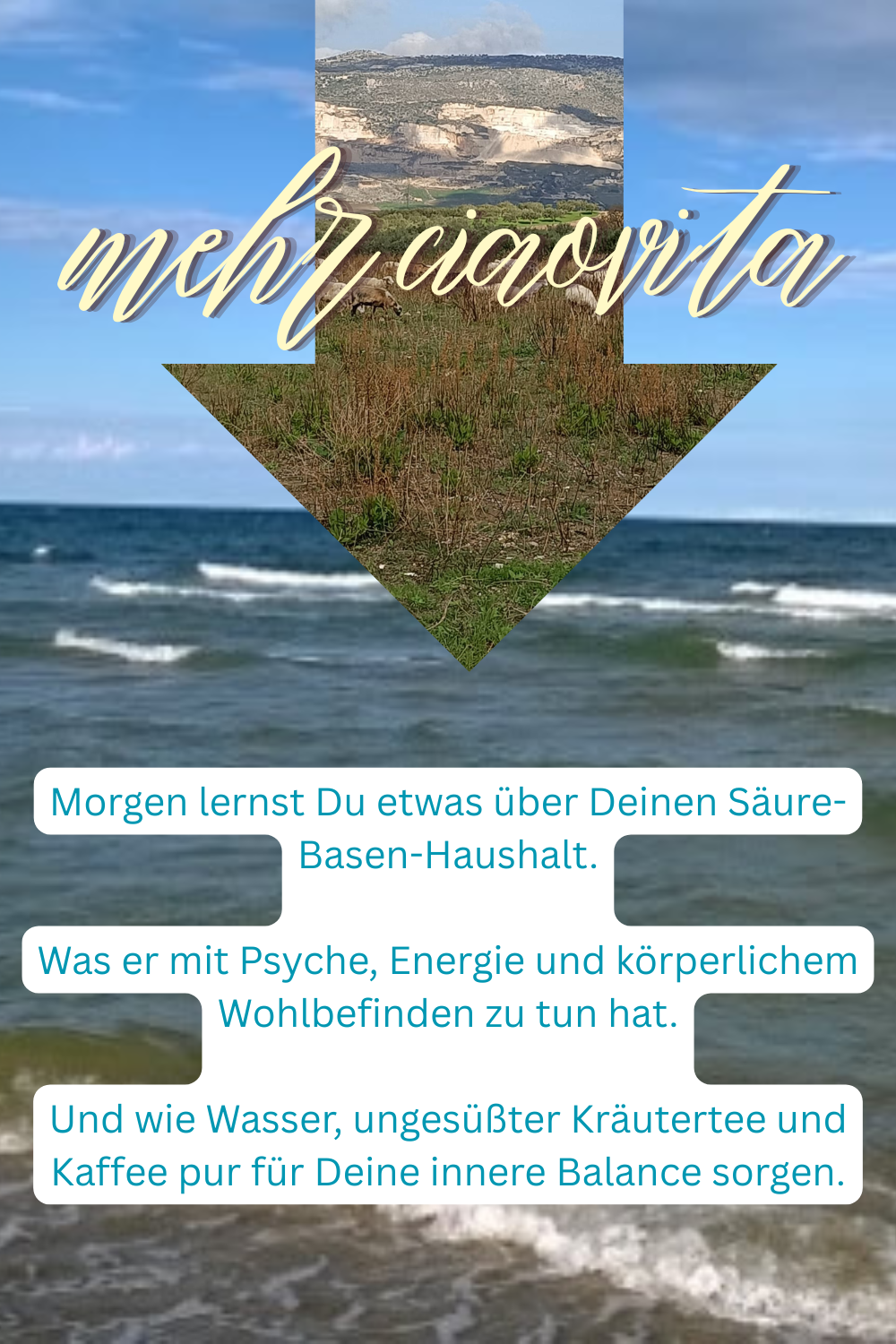 Morgen lernst Du etwas über Deinen Säure-Basen-Haushalt.
Was er mit Psyche, Energie und körperlichem Wohlbefinden zu tun hat.
Und wie Wasser, ungesüßter Kräutertee und Kaffee pur für Deine innere Balance sorgen.
