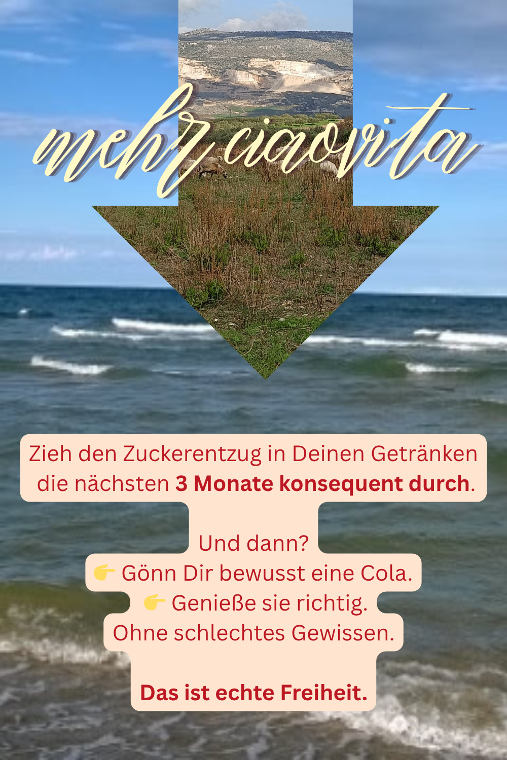 mehr ciaovita
Zieh den Zuckerentzug in Deinen Getränken
die nächsten 3 Monate konsequent durch.
Und dann?
 Gönn Dir bewusst eine Cola.
 Genieße sie richtig.
Ohne schlechtes Gewissen.
Das ist echte Freiheit.