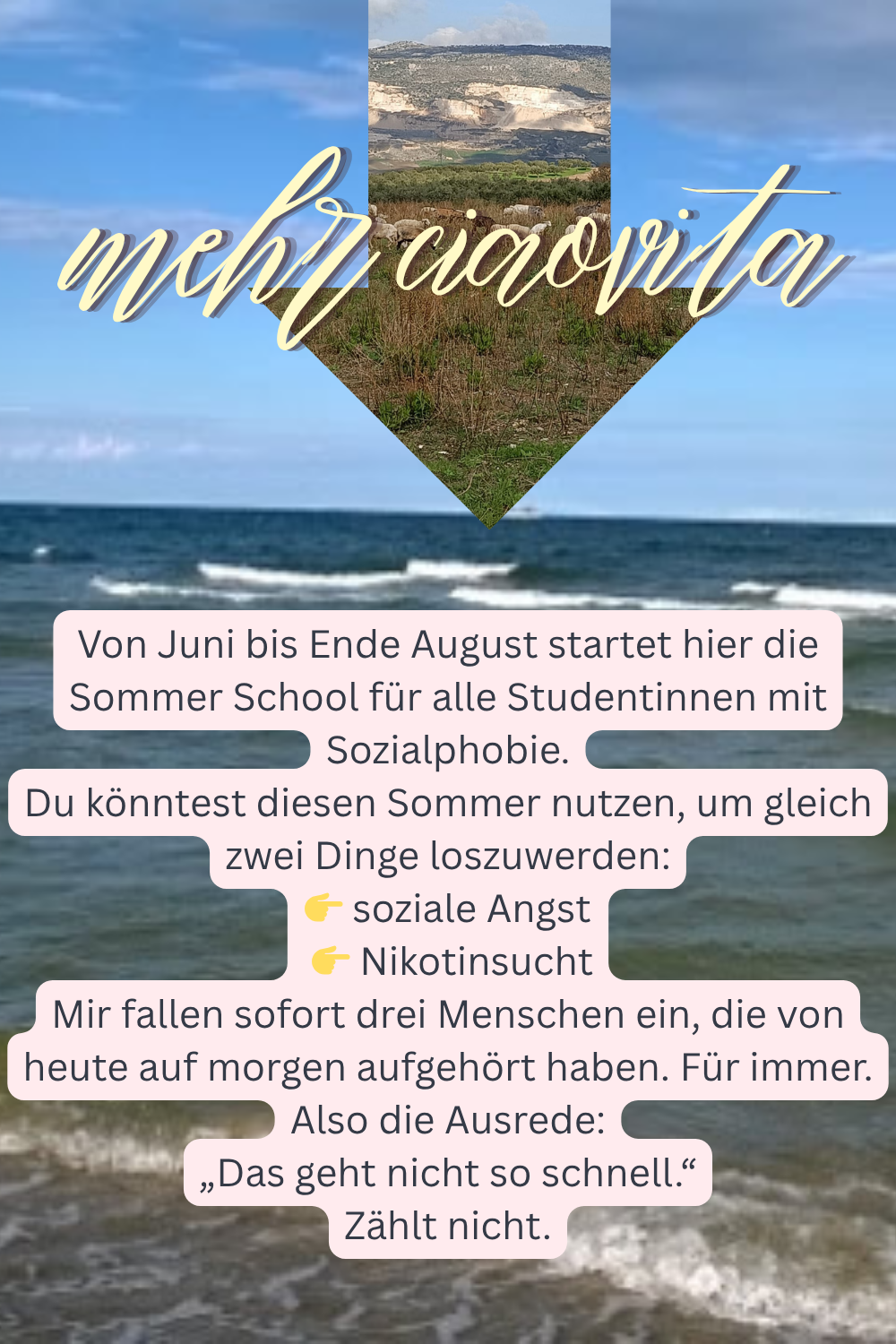 mehr ciaovita:
Von Juni bis Ende August startet hier die Sommer School für alle Studentinnen mit Sozialphobie.
Du könntest diesen Sommer nutzen, um gleich zwei Dinge loszuwerden:
 soziale Angst
 Nikotinsucht
Mir fallen sofort drei Menschen ein, die von heute auf morgen aufgehört haben. Für immer.
Also die Ausrede:
„Das geht nicht so schnell.“
Zählt nicht.
