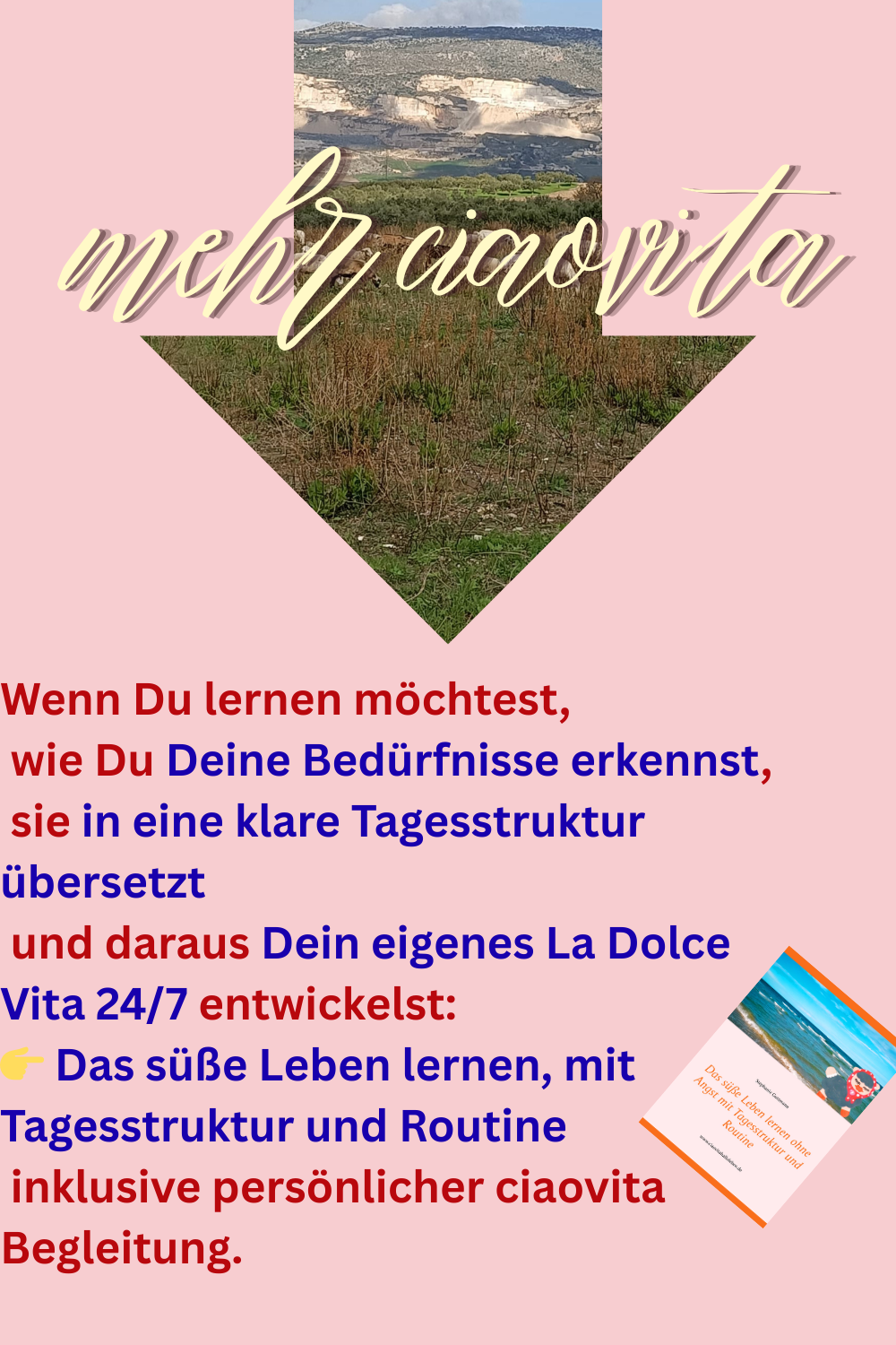 mehr ciaovita
Wenn Du lernen möchtest,
 wie Du Deine Bedürfnisse erkennst,
 sie in eine klare Tagesstruktur übersetzt
 und daraus Dein eigenes La Dolce Vita 24/7 entwickelst:
 Das süße Leben lernen, mit Tagesstruktur und Routine
 inklusive persönlicher ciaovita Begleitung.