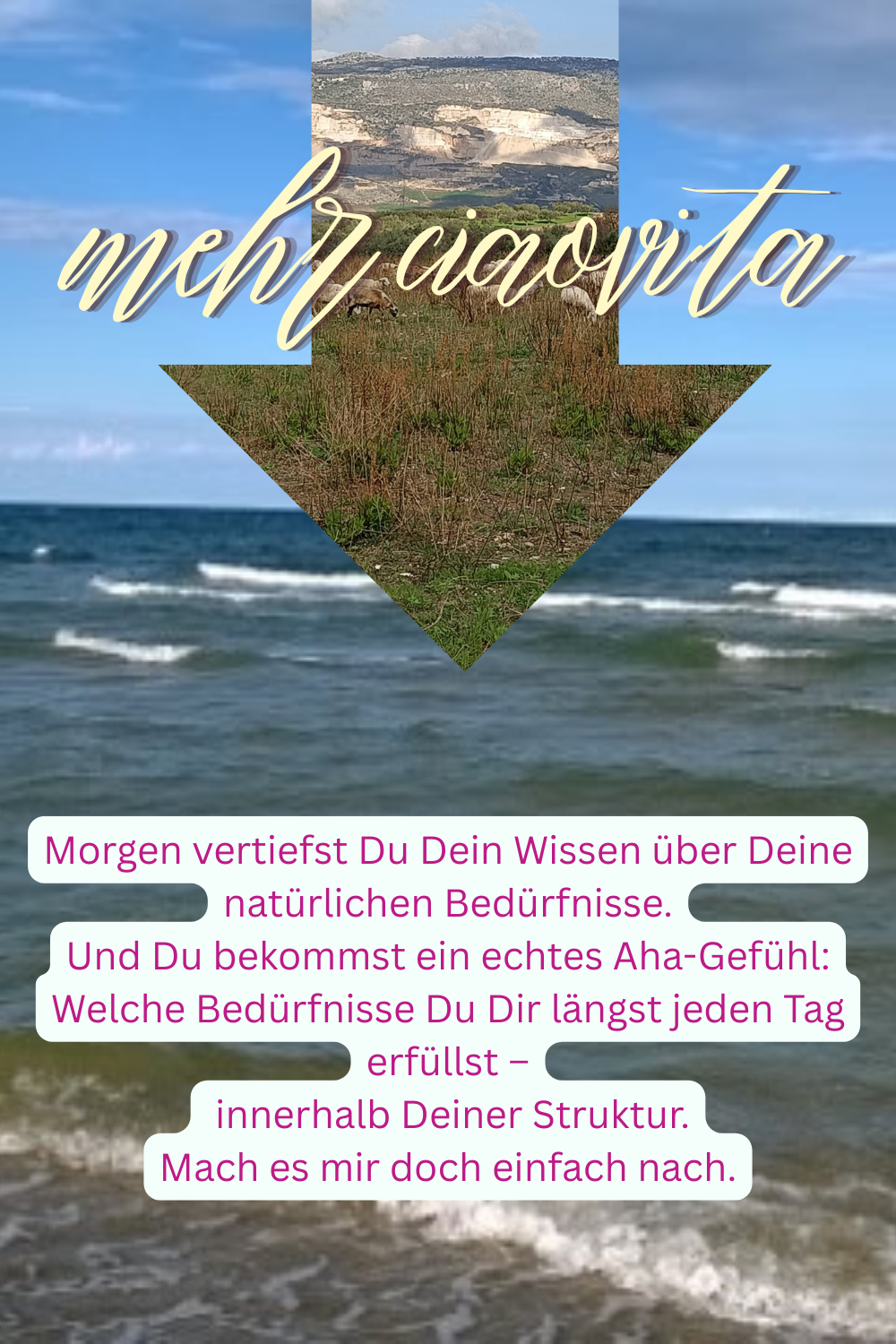 mehr ciaovita:
Morgen vertiefst Du Dein Wissen über Deine natürlichen Bedürfnisse.
Und Du bekommst ein echtes Aha-Gefühl:
Welche Bedürfnisse Du Dir längst jeden Tag erfüllst –
innerhalb Deiner Struktur.
Mach es mir doch einfach nach.