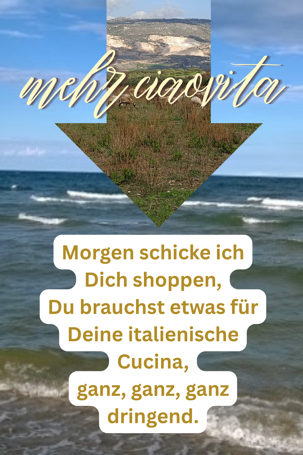 mehr ciaovita
Morgen schicke ich Dich shoppen,
Du brauchst etwas für Deine italienische Cucina,
ganz, ganz, ganz dringend.