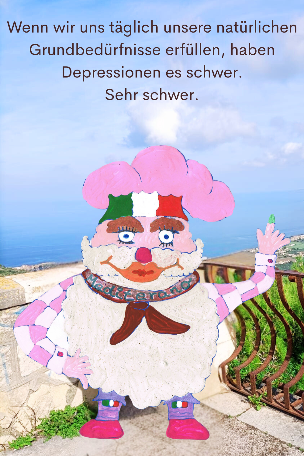 Wenn wir uns täglich unsere natürlichen Grundbedürfnisse erfüllen, haben Depressionen es schwer.
Dein ciaovita Mediterano.
Sehr schwer.
