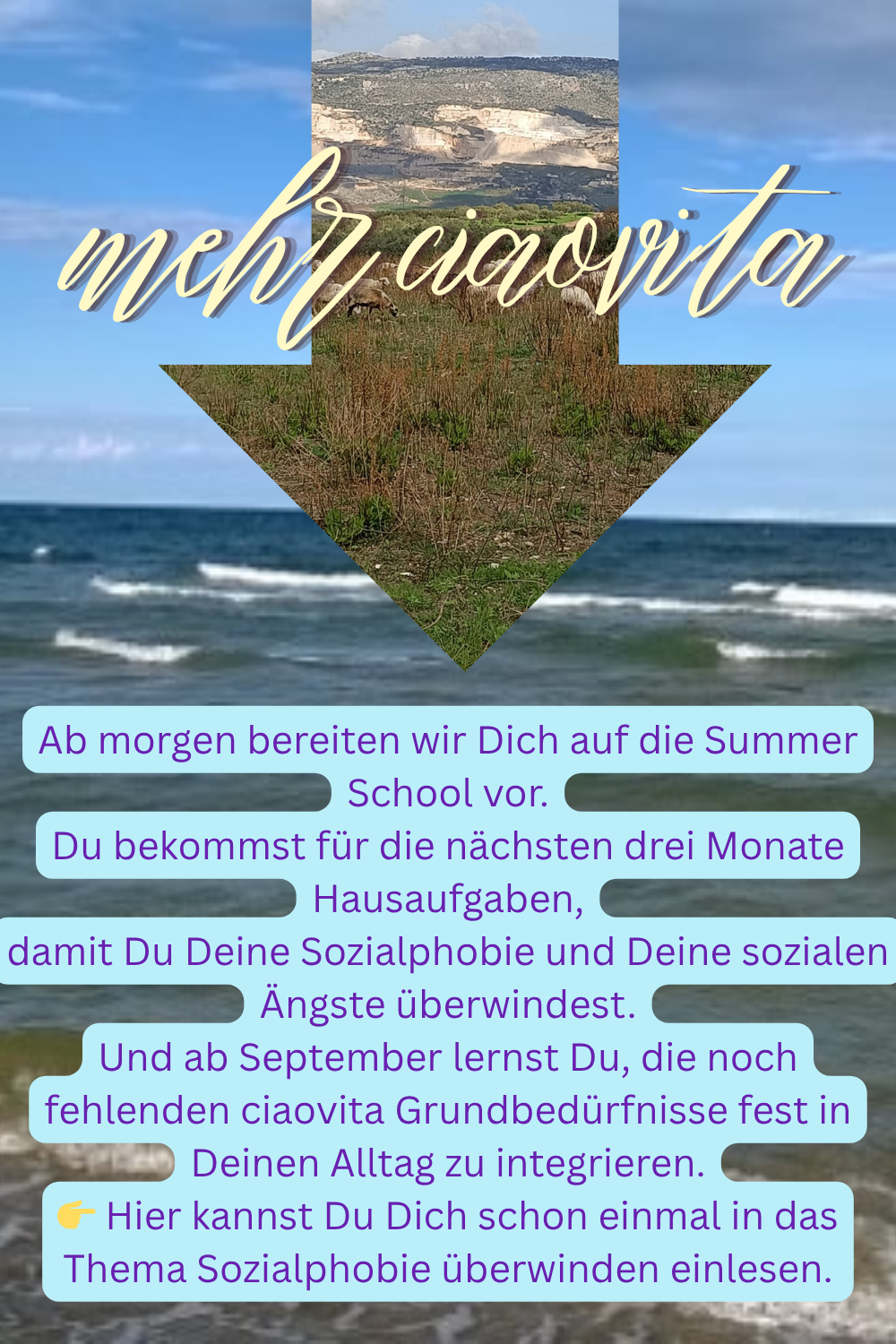 mehr ciaovita:
Ab morgen bereiten wir Dich auf die Summer School vor.
Du bekommst für die nächsten drei Monate Hausaufgaben,
damit Du Deine Sozialphobie und Deine sozialen Ängste überwindest.
Und ab September lernst Du, die noch fehlenden ciaovita Grundbedürfnisse fest in Deinen Alltag zu integrieren.
 Hier kannst Du Dich schon einmal in das Thema Sozialphobie überwinden einlesen.