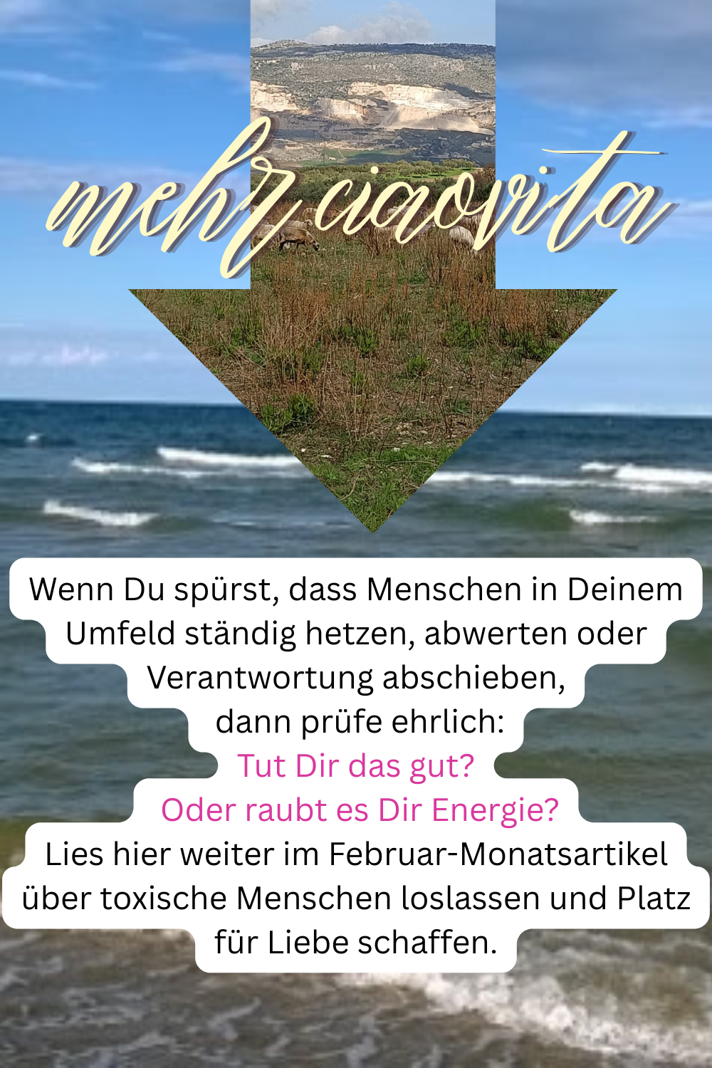 mehr ciaovita
Wenn Du spürst, dass Menschen in Deinem Umfeld ständig hetzen, abwerten oder Verantwortung abschieben,
dann prüfe ehrlich:
Tut Dir das gut?
Oder raubt es Dir Energie?
Lies hier weiter im Februar-Monatsartikel über toxische Menschen loslassen und Platz für Liebe schaffen.
