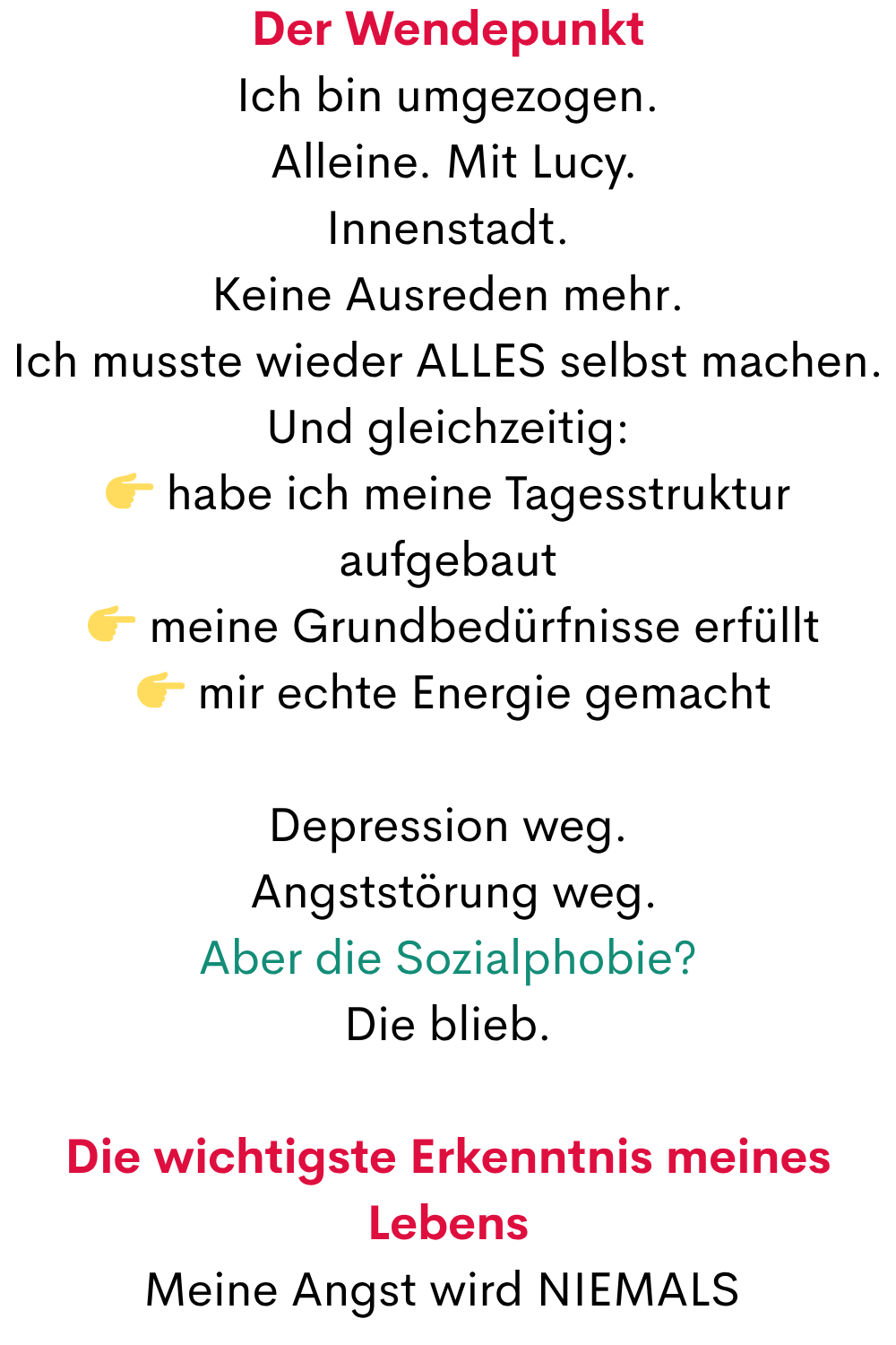 Der Wendepunkt
Ich bin umgezogen.
 Alleine. Mit Lucy.
Innenstadt.
Keine Ausreden mehr.
Ich musste wieder ALLES selbst machen.
Und gleichzeitig:
 habe ich meine Tagesstruktur aufgebaut
  meine Grundbedürfnisse erfüllt
  mir echte Energie gemacht
Depression weg.
 Angststörung weg.
Aber die Sozialphobie?
Die blieb.
Die wichtigste Erkenntnis meines Lebens
Meine Angst wird NIEMALS 
