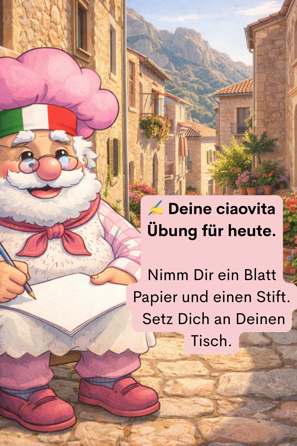 ✍️ Deine ciaovita Übung für heute.
Nimm Dir ein Blatt Papier und einen Stift.
 Setz Dich an Deinen Tisch.
