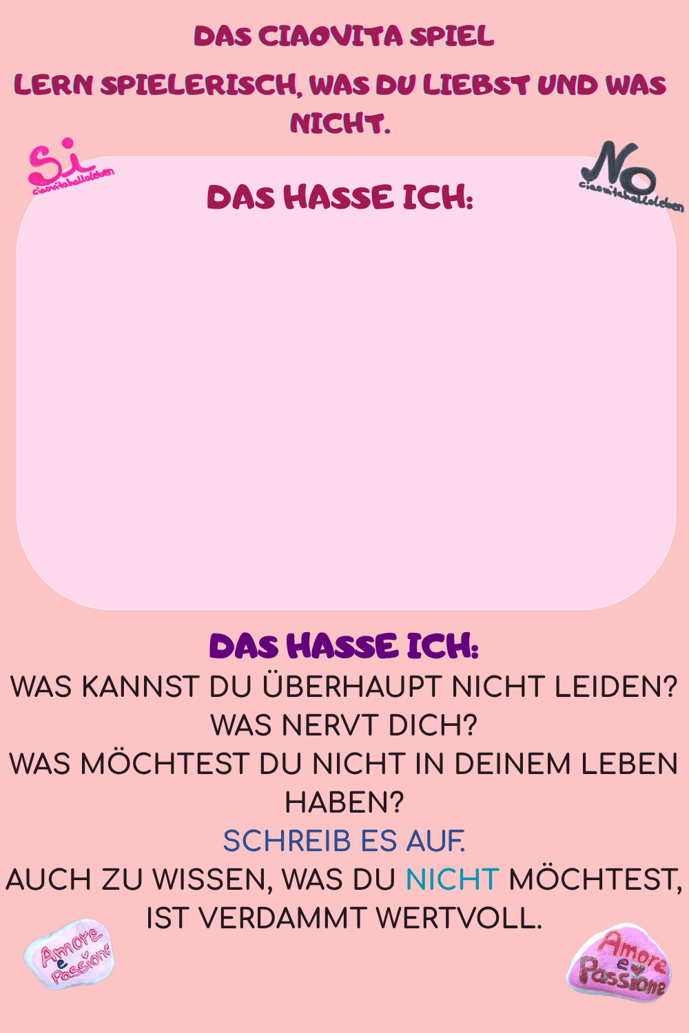 DAS HASSE ICH:
Was kannst Du überhaupt nicht leiden?
Was nervt Dich?
Was möchtest Du nicht in Deinem Leben haben?
Schreib es auf.
Auch zu wissen, was Du nicht möchtest, ist verdammt wertvoll.
