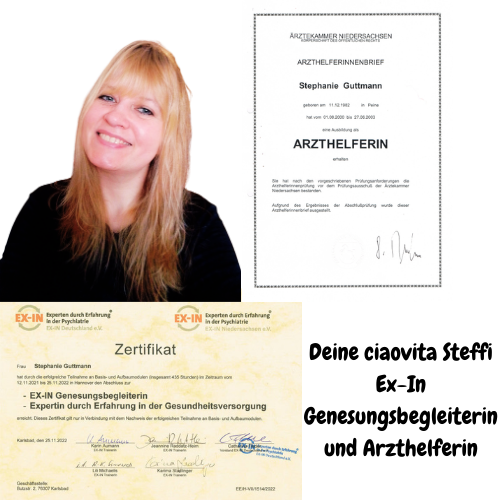 Zertifikate von Stephanie Guttmann: Arzthelferin und EX-IN Genesungsbegleiterin.