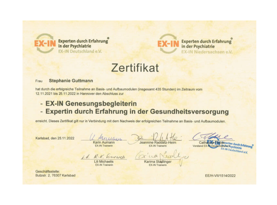 Mein EX-IN Zertifikat. Deine ciaovita Steffi.