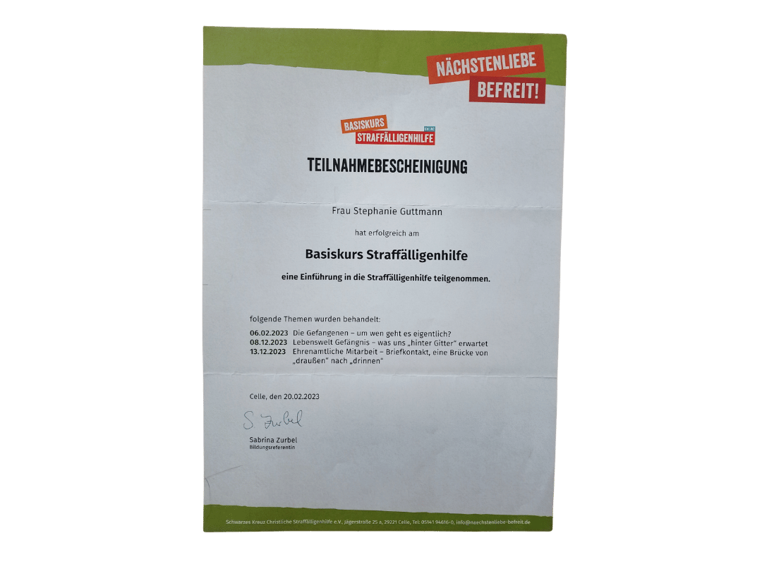 Meine Qualifikation in der Straffällingenhilfe. Deine ciaovita Steffi.