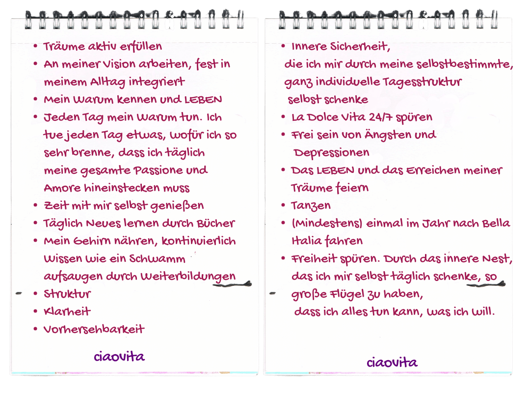 Das sind meine ciaovita Grundbedürfnisse die ich mir in meiner festen Tagesstruktur und Wochenroutine erfülle.
Deine ciaovita Steffi