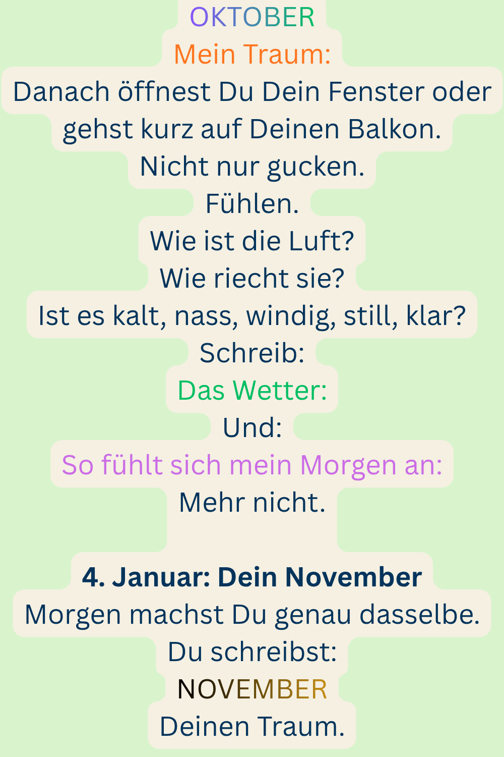 OKTOBER
Mein Traum:
Danach öffnest Du Dein Fenster oder gehst kurz auf Deinen Balkon.
Nicht nur gucken.
Fühlen.
Wie ist die Luft?
Wie riecht sie?
Ist es kalt, nass, windig, still, klar?
Schreib:
Das Wetter:
Und:
So fühlt sich mein Morgen an:
Mehr nicht.
4. Januar: Dein November
Morgen machst Du genau dasselbe.
Du schreibst:
NOVEMBER
Deinen Traum.