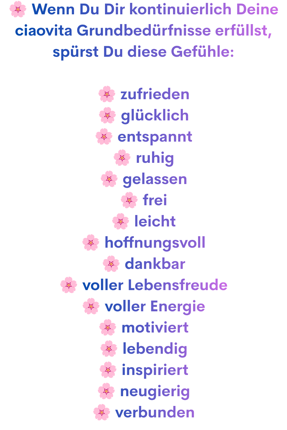 Wenn Du Dir kontinuierlich Deine ciaovita Grundbedürfnisse erfüllst, spürst Du diese Gefühle:
zufrieden
glücklich
entspannt
ruhig
gelassen
frei
leicht
hoffnungsvoll
dankbar
voller Lebensfreude
voller Energie
motiviert
lebendig
inspiriert
neugierig
verbunden