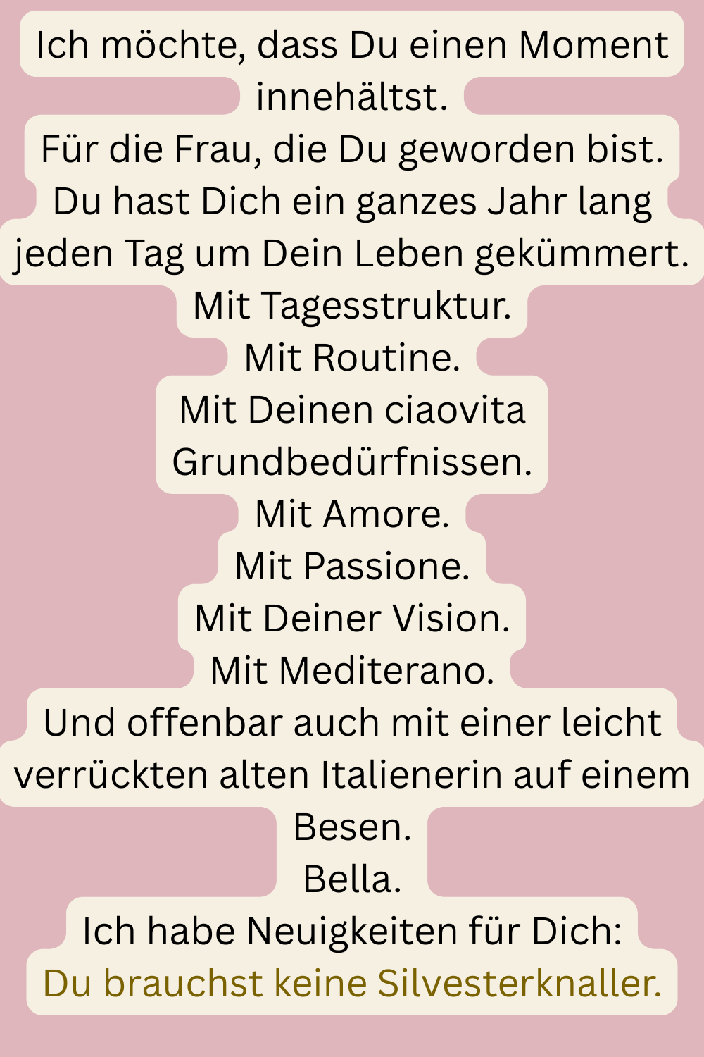 Ich möchte, dass Du einen Moment innehältst.
Für die Frau, die Du geworden bist.
Du hast Dich ein ganzes Jahr lang jeden Tag um Dein Leben gekümmert.
Mit Tagesstruktur.
Mit Routine.
Mit Deinen ciaovita Grundbedürfnissen.
Mit Amore.
Mit Passione.
Mit Deiner Vision.
Mit Mediterano.
Und offenbar auch mit einer leicht verrückten alten Italienerin auf einem Besen.
Bella.
Ich habe Neuigkeiten für Dich:
Du brauchst keine Silvesterknaller.
