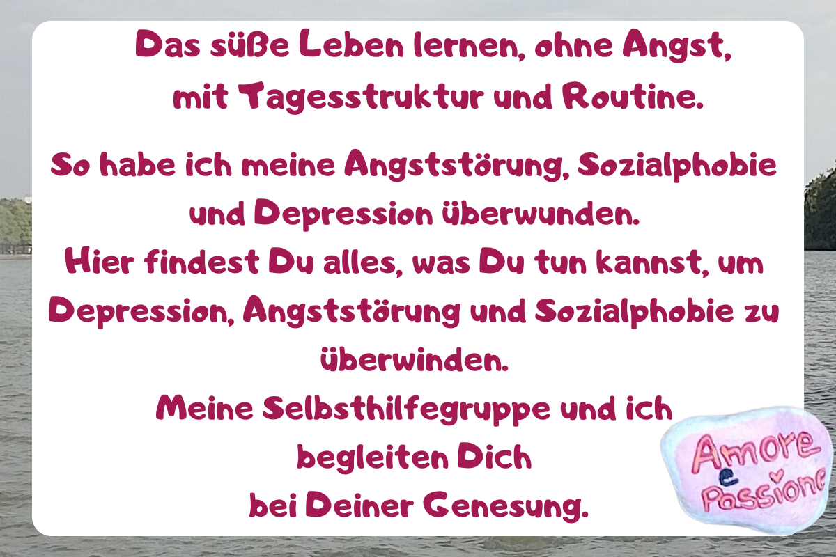 Das süße Leben lernen, ohne Angst, 
mit Tagesstruktur und Routine.
So habe ich meine Angststörung, Sozialphobie und Depression überwunden.
Hier findest Du alles, was Du tun kannst, um Depression, Angststörung und Sozialphobie zu überwinden.
Meine Selbsthilfegruppe und ich 
begleiten Dich
 bei Deiner Genesung.