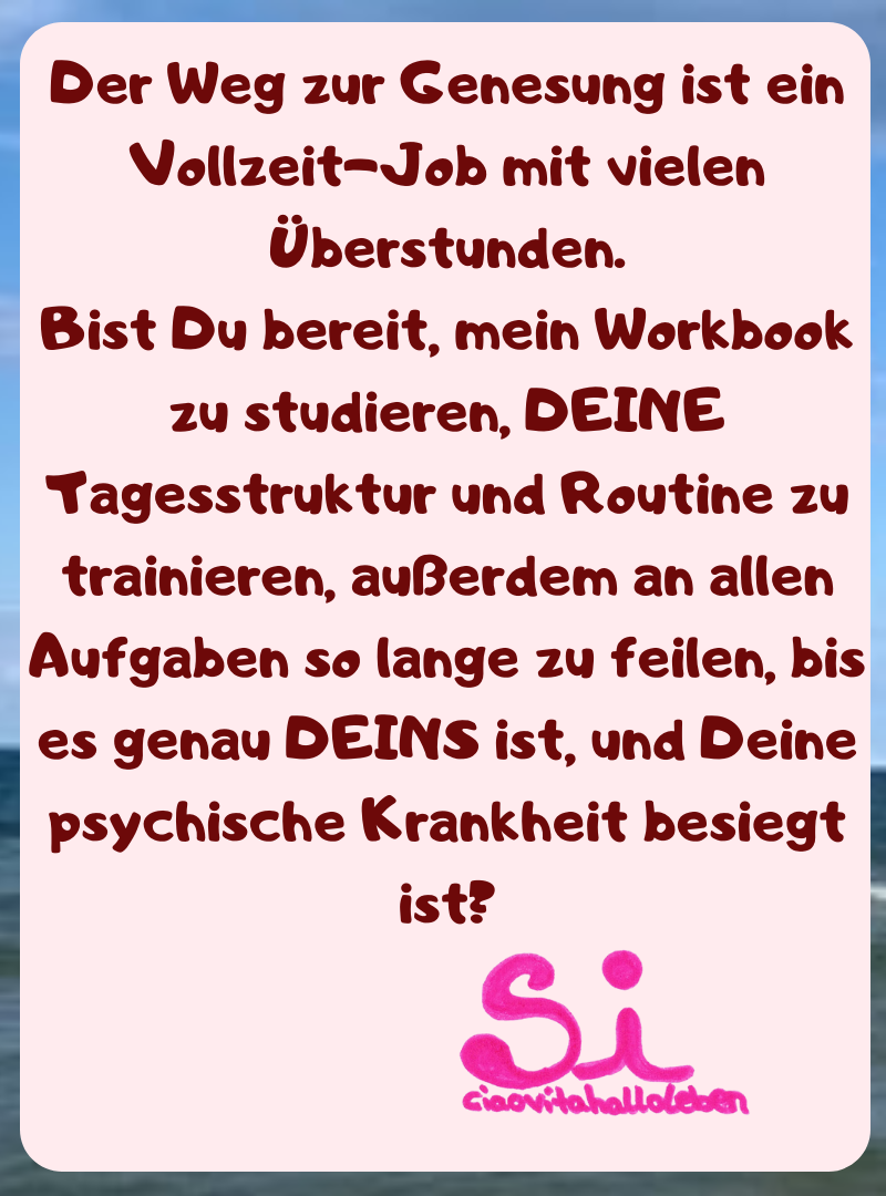 Der Weg zur Genesung ist ein Vollzeit-Job mit vielen Überstunden.
Bist Du bereit, mein Workbook zu studieren, DEINE Tagesstruktur und Routine zu trainieren, außerdem an allen Aufgaben so lange zu feilen, bis es genau DEINS ist, und Deine psychische Krankheit besiegt ist?
