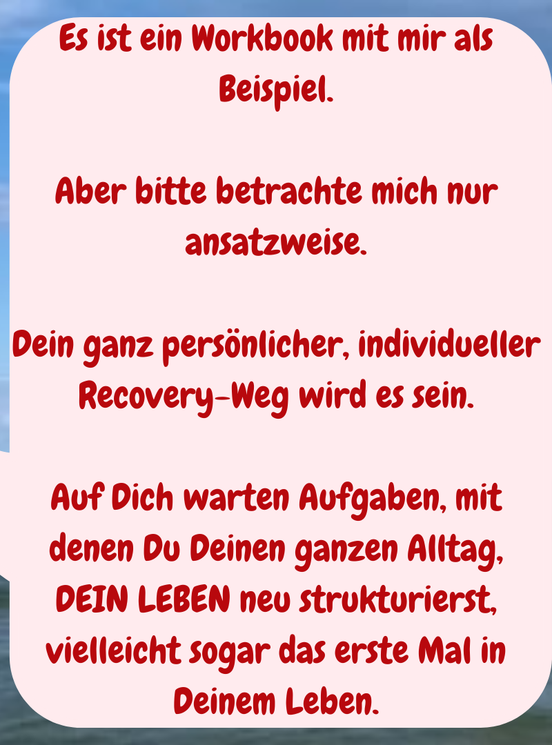Es ist ein Workbook mit mir als Beispiel.
Aber bitte betrachte mich nur ansatzweise.
Dein ganz persönlicher, individueller Recovery-Weg wird es sein.
Auf Dich warten Aufgaben, mit denen Du Deinen ganzen Alltag, DEIN LEBEN neu strukturierst, vielleicht sogar das erste Mal in Deinem Leben.
