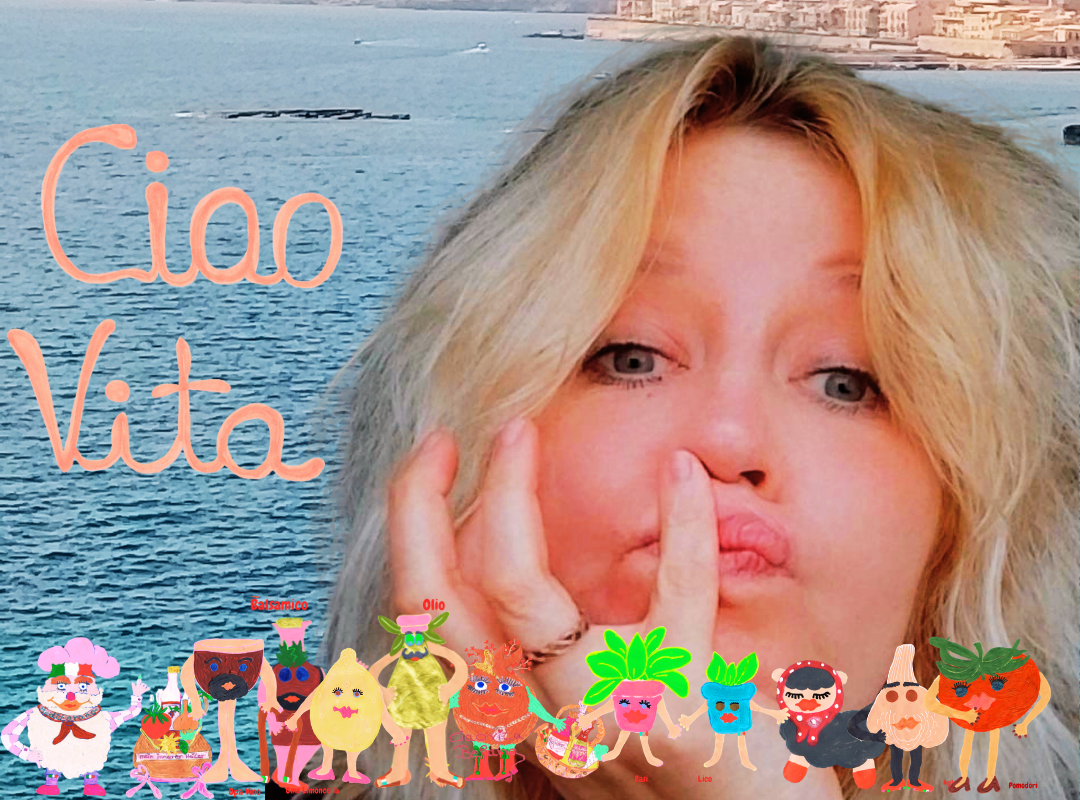 Qeusta sono io, Steffi.
Ich bin Deine ciaovita Steffi und das ist mein Team aus Bella Italia:
Pomodori, Aglio, Opa Vino, Oma Limoncella, Olio, Balsamico, Basi, Lico, der ciaovita Mediterano und die ciaovita Befana.