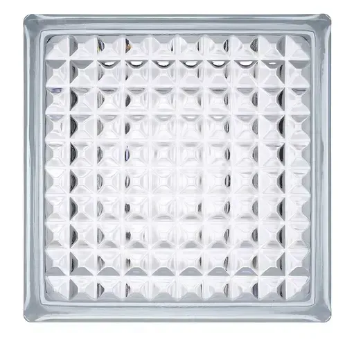 Square clear glass block with a textured, faceted surface and frosted edges
