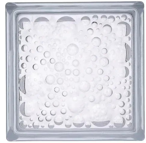 Transparent square glass block with embossed bubble pattern and frosted white center
