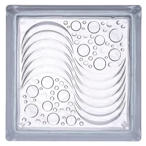 Clear square glass block with raised circular bubble and wave pattern