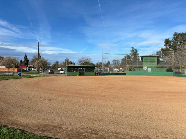 Baseball field, brown dirt infield, green outfield, blue sky, buildings in the background.
