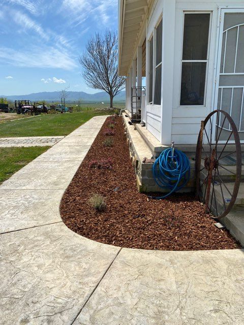 A concrete path curves past a house with a bark-covered flower bed and a blue hose.