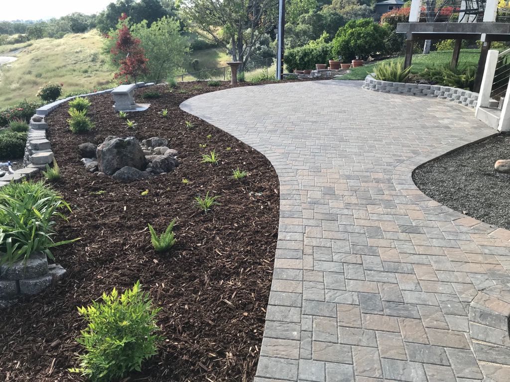 Stone patio with a curved border, surrounded by mulch, plants, and a hillside view.