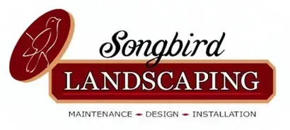 Logo of Songbird Landscaping with a bird icon, text "Songbird LANDSCAPING," and services: maintenance, design, installation.