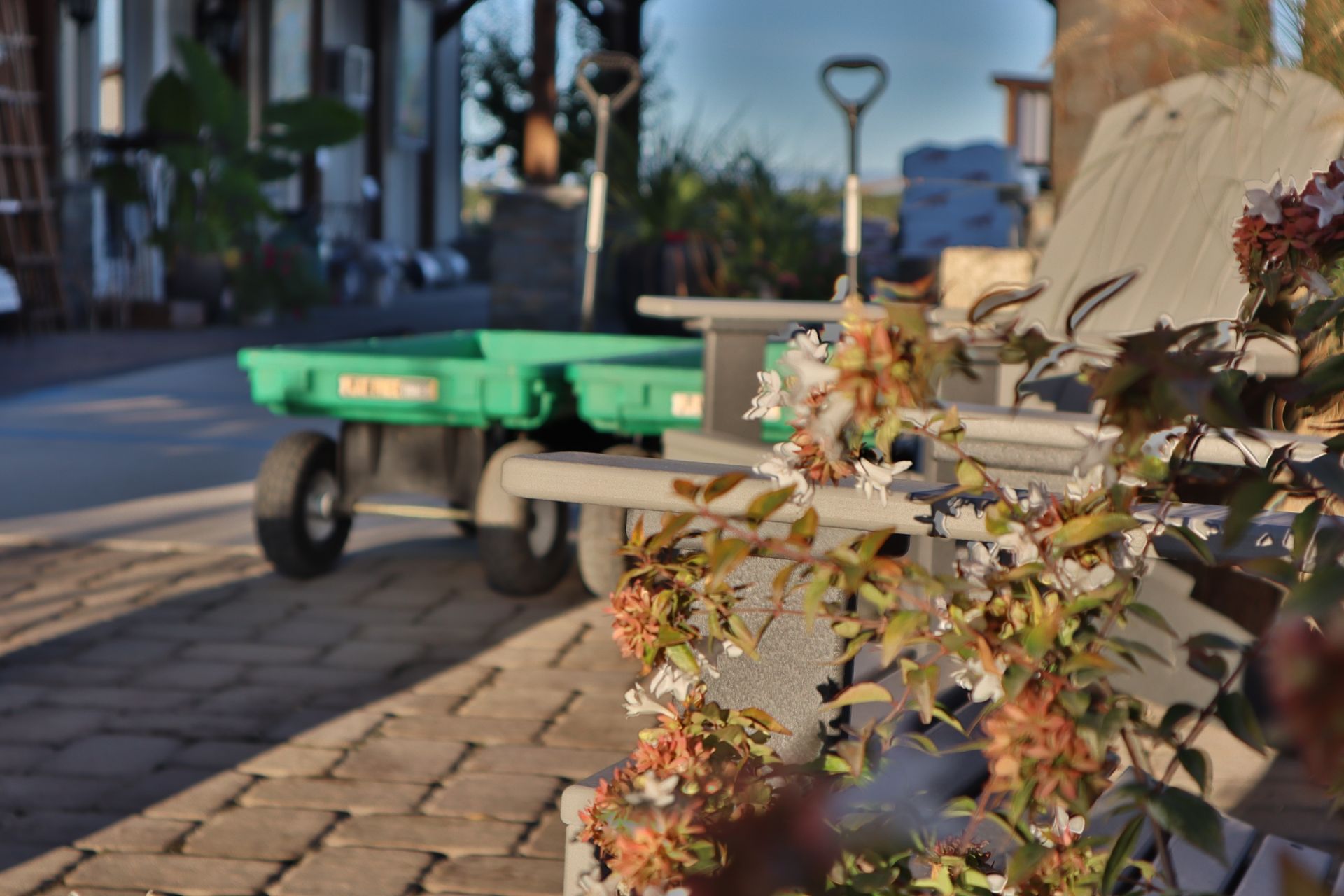 Green garden cart parked on a paved pathway, flowers in foreground.