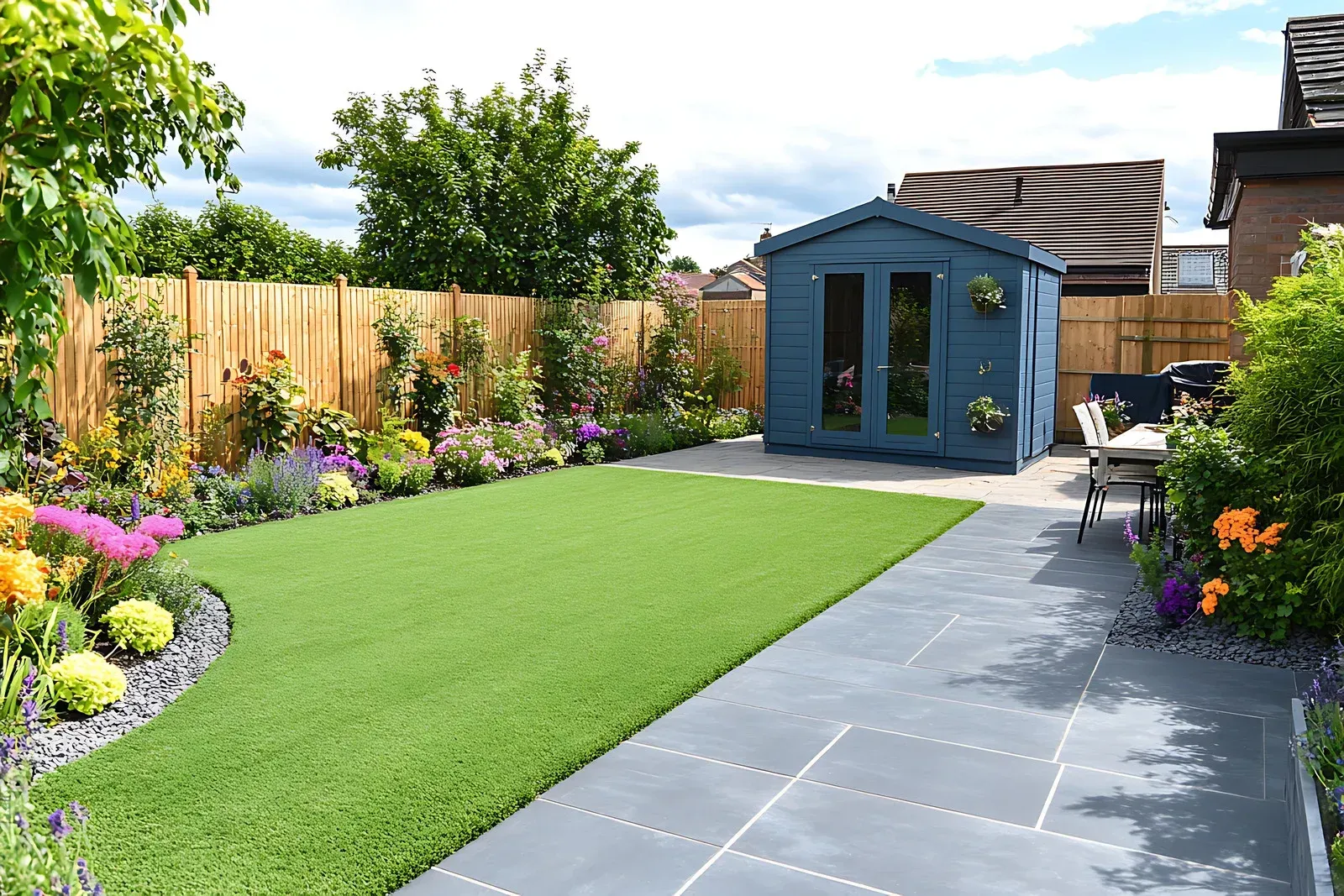Blue garden shed in a backyard with artificial turf and a stone patio, surrounded by flowers and a wooden fence.