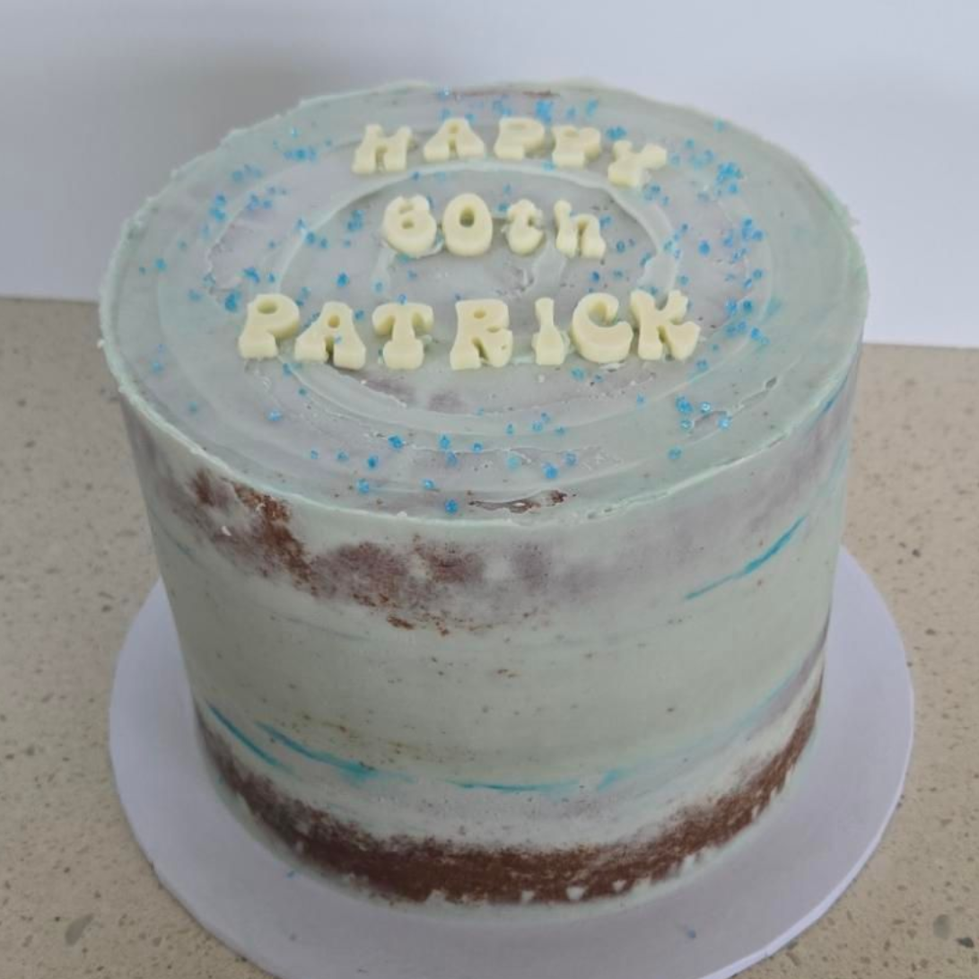 Cake with light blue frosting, 