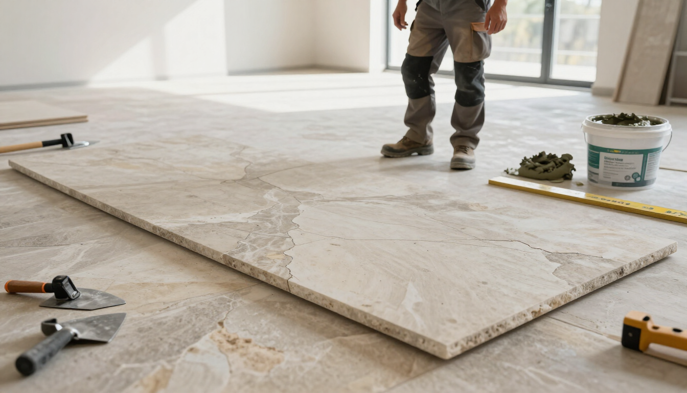 A professional installing natural stone flooring in a bright interior space.