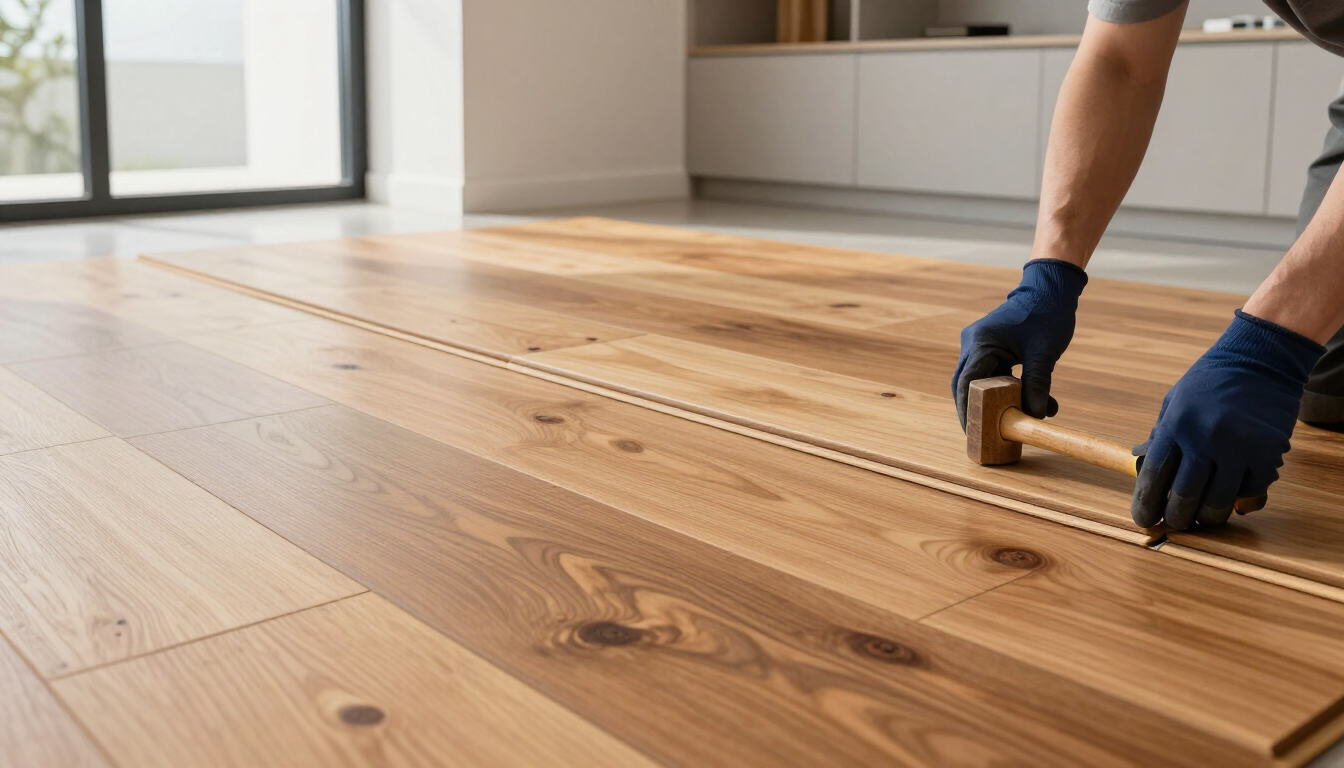 A new hardwood floor installation with warm wood planks in a modern home.