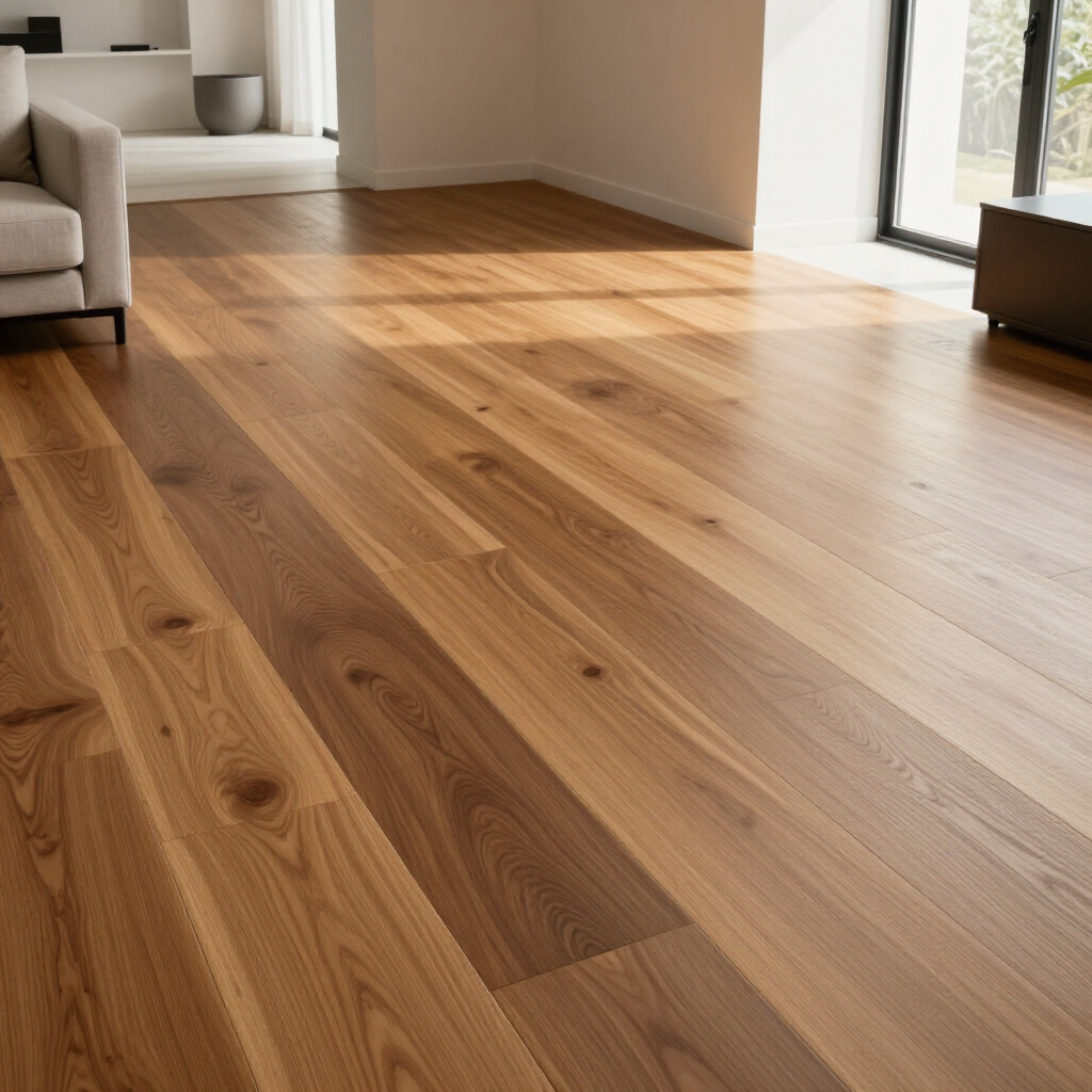 Wide plank wood flooring installation in a modern living room with natural tones.