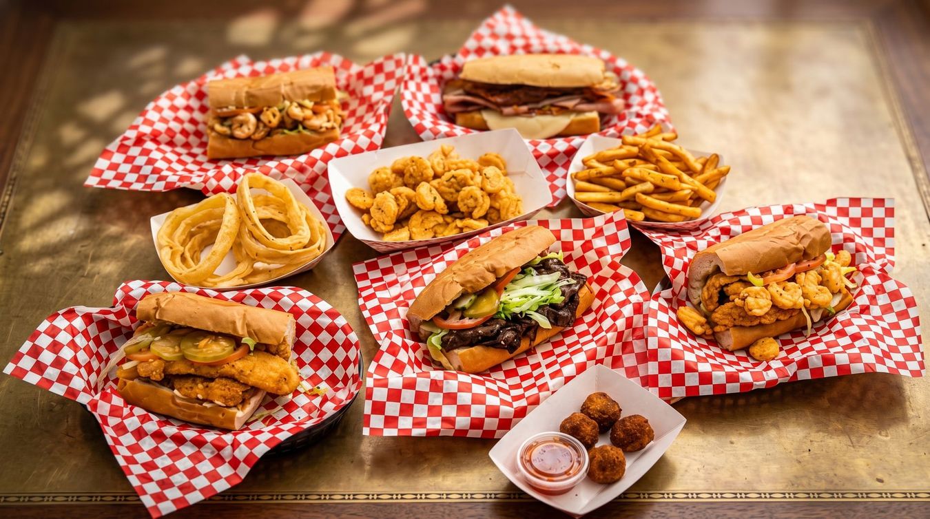 Assorted fried foods and sandwiches served in red-and-white checkered baskets on a wooden table.