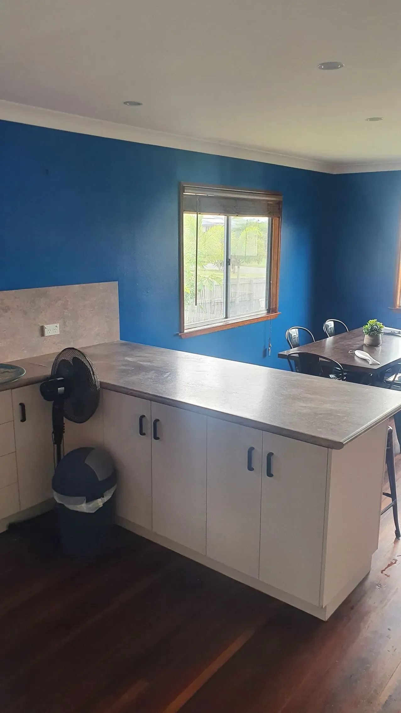 Kitchen With White Cabinets, Blue Wall, Countertop, Window, and Dark Wood Floor — Keppel Coatings in Pacific Heights, QLD