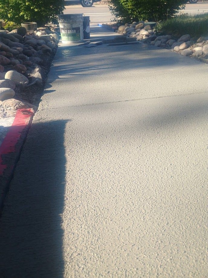 Sunlit concrete walkway lined with rocks and shrubs, with a utility pole ahead.