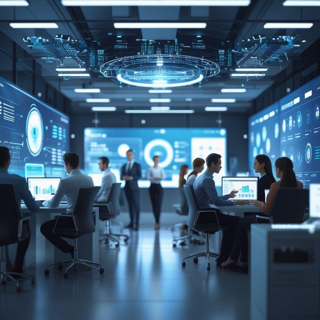 Business professionals using AI-powered software automation tools to improve operational efficiency