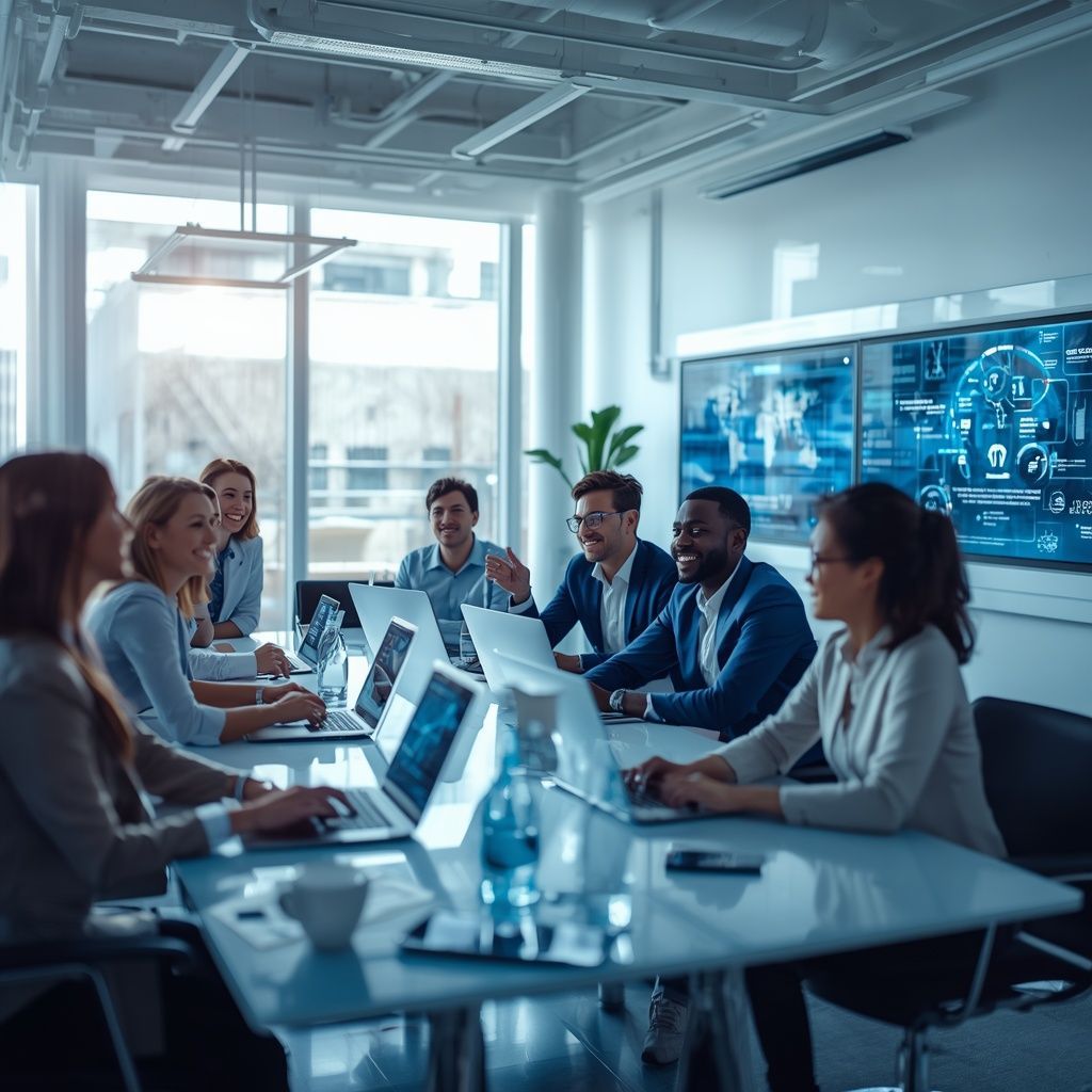 Business team collaborating with AI-powered productivity tools during a meeting